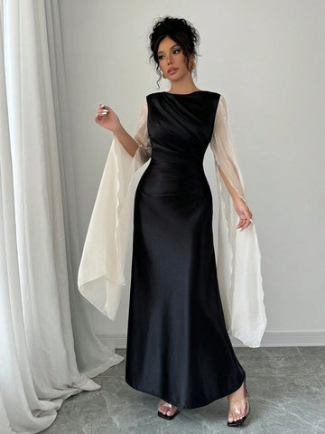 Elegant Slit Long Sleeve Dress With Flare Hem