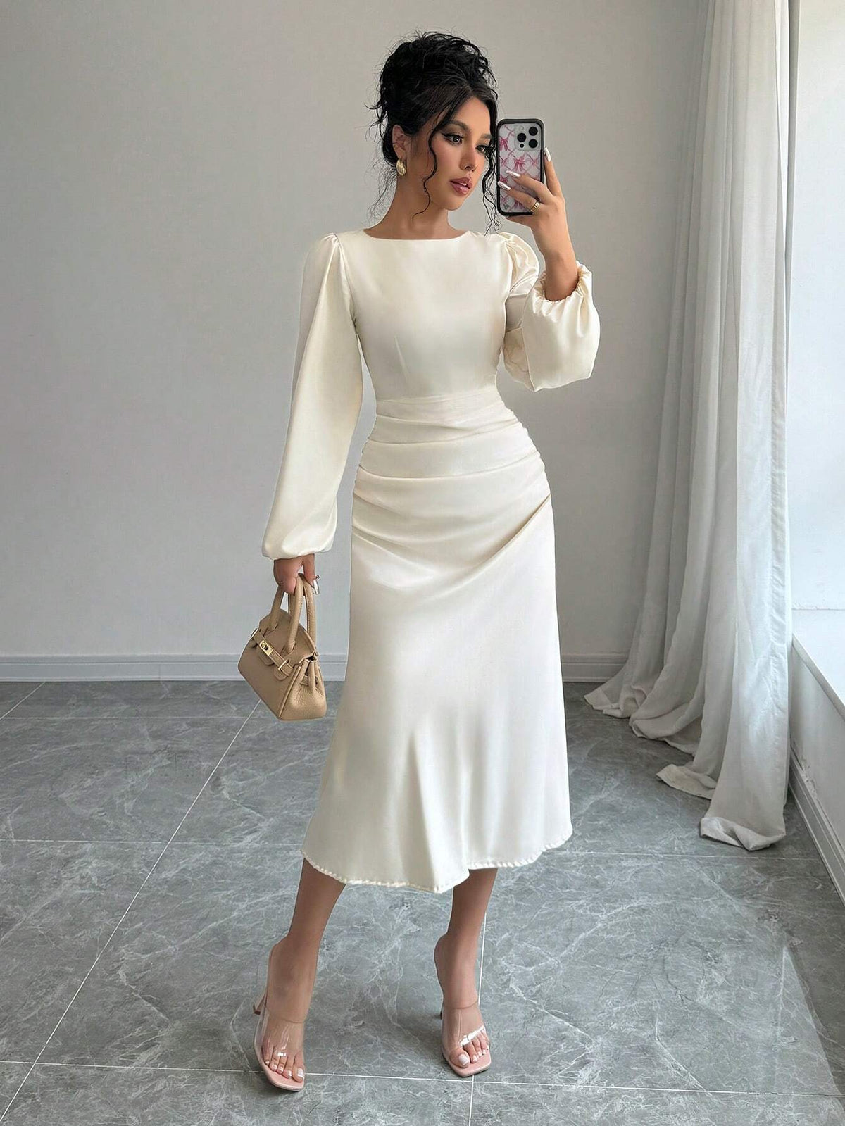 Elegant Solid Color Lantern Sleeve Dress, Spring & Autumn
