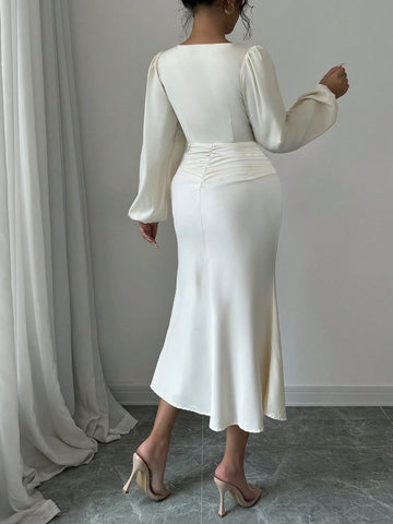 Elegant Solid Color Lantern Sleeve Dress, Spring & Autumn