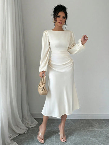 Elegant Solid Color Lantern Sleeve Dress, Spring & Autumn