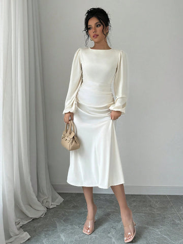 Elegant Solid Color Lantern Sleeve Dress, Spring & Autumn