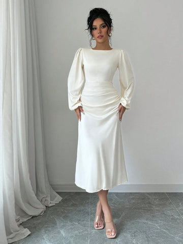 Elegant Solid Color Lantern Sleeve Dress, Spring & Autumn
