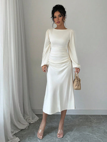 Elegant Solid Color Lantern Sleeve Dress, Spring & Autumn