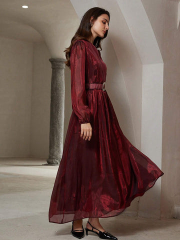 Elegant Solid Color Muse Glossy Metallic Buckle Belt Round Neck Waist Slimming Formal Party