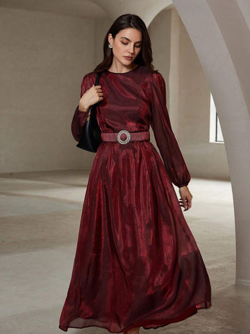 Elegant Solid Color Muse Glossy Metallic Buckle Belt Round Neck Waist Slimming Formal Party