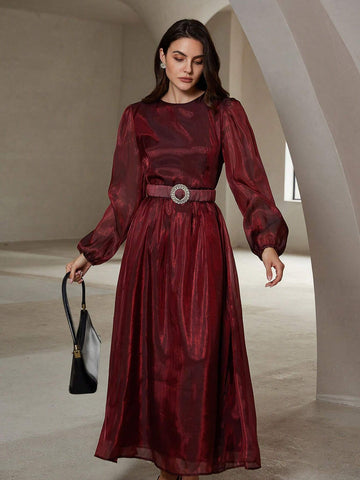Elegant Solid Color Muse Glossy Metallic Buckle Belt Round Neck Waist Slimming Formal Party