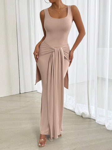 Elegant Solid Color Ribbon Tie 2 In 1 Dress With Flared Hem For Summer