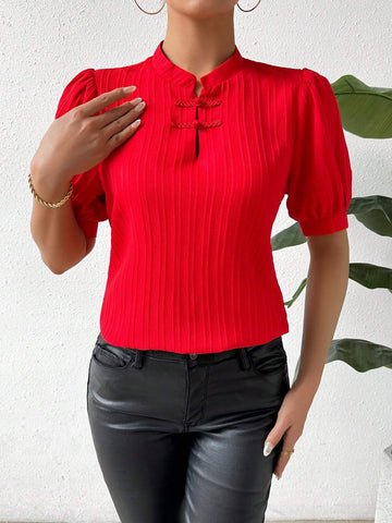 Privé Elegant Solid Color Stand Collar Bubble Sleeve Shirt For Summer