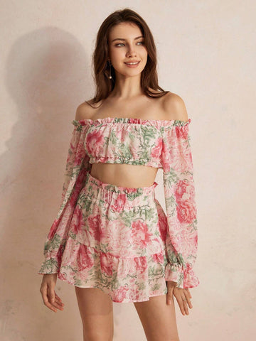 Elegant Summer French Style Chiffon Off-Shoulder Cropped Shirt With Random Floral Print, Matched With Sweet And Gentle Fluffy Skirt, 2pcs/Set