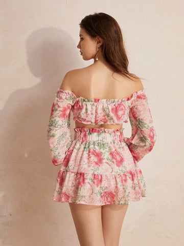 Elegant Summer French Style Chiffon Off-Shoulder Cropped Shirt With Random Floral Print, Matched With Sweet And Gentle Fluffy Skirt, 2pcs/Set