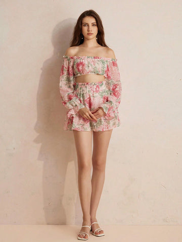 Elegant Summer French Style Chiffon Off-Shoulder Cropped Shirt With Random Floral Print, Matched With Sweet And Gentle Fluffy Skirt, 2pcs/Set