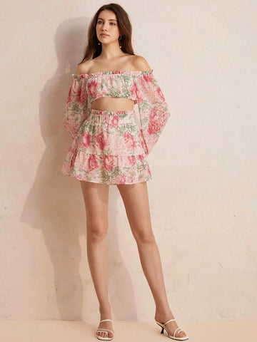 Elegant Summer French Style Chiffon Off-Shoulder Cropped Shirt With Random Floral Print, Matched With Sweet And Gentle Fluffy Skirt, 2pcs/Set