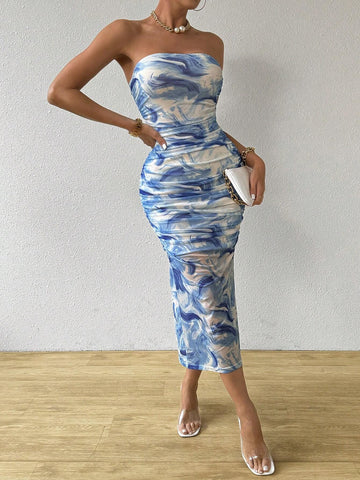Elegant Summer Long Mesh Dress With Watercolor Printed And Sheer Bustier Detail