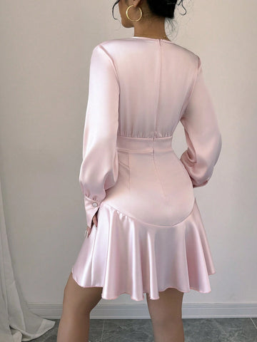 Elegant V-Neck Solid Color Long Sleeve Cinched Waist Dress, Autumn