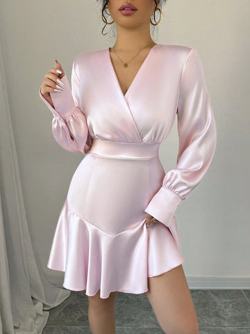 Elegant V-Neck Solid Color Long Sleeve Cinched Waist Dress, Autumn
