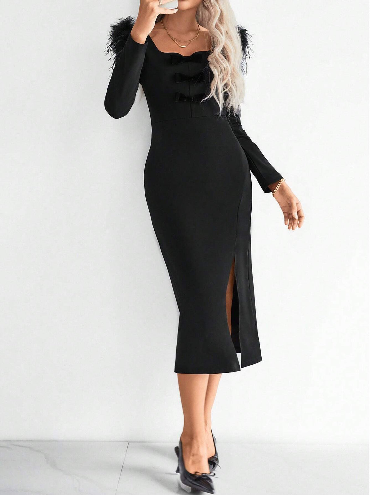 Elegant Velvet Bow Tie Long Dress, Party & Casual Wear, Autumn Winter