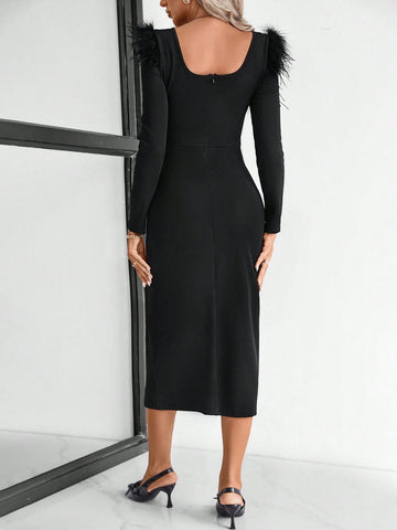 Elegant Velvet Bow Tie Long Dress, Party & Casual Wear, Autumn Winter