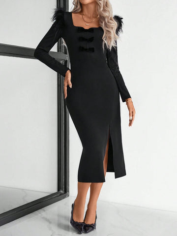 Elegant Velvet Bow Tie Long Dress, Party & Casual Wear, Autumn Winter