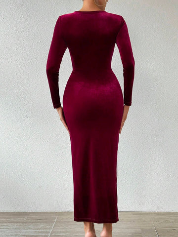 Elegant Velvet Twist-Twist Ribbon Slit Bodycon Dress, Spring/Fall