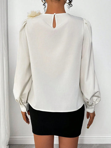 Privé Elegant Versatile French Romantic Floral Textured Pleated Collar Champagne Button Down Shirt, Autumn/Winter