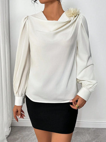 Privé Elegant Versatile French Romantic Floral Textured Pleated Collar Champagne Button Down Shirt, Autumn/Winter