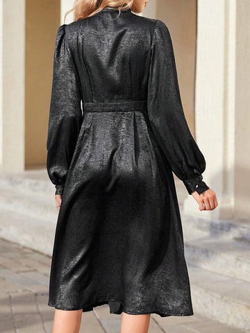 Elegant Vintage Stand Collar Cinched Waist Contrast Button Puff Sleeve Flared Hem Mini Dress