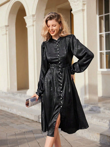 Elegant Vintage Stand Collar Cinched Waist Contrast Button Puff Sleeve Flared Hem Mini Dress