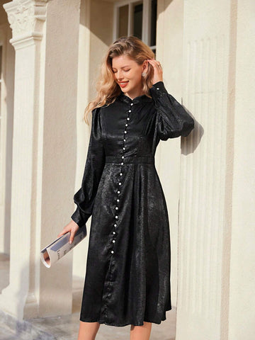 Elegant Vintage Stand Collar Cinched Waist Contrast Button Puff Sleeve Flared Hem Mini Dress