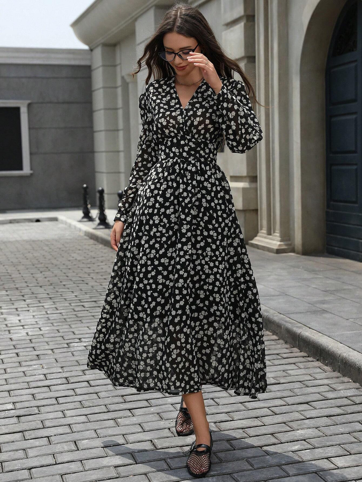 Elegant Watercolor Floral Shirred Cinched Waist Lantern Sleeve Long Chiffon Dress For Women