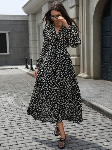 Elegant Watercolor Floral Shirred Cinched Waist Lantern Sleeve Long Chiffon Dress For Women
