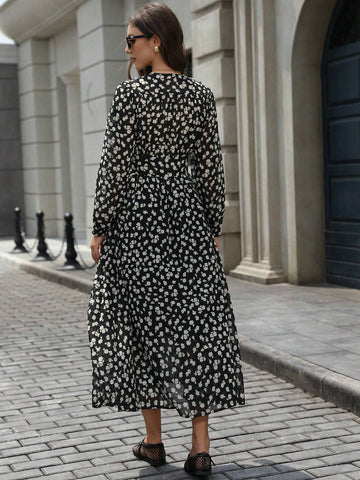 Elegant Watercolor Floral Shirred Cinched Waist Lantern Sleeve Long Chiffon Dress For Women