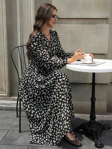 Elegant Watercolor Floral Shirred Cinched Waist Lantern Sleeve Long Chiffon Dress For Women