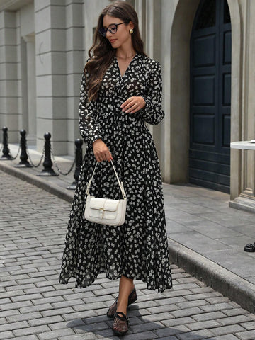Elegant Watercolor Floral Shirred Cinched Waist Lantern Sleeve Long Chiffon Dress For Women