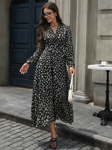 Elegant Watercolor Floral Shirred Cinched Waist Lantern Sleeve Long Chiffon Dress For Women