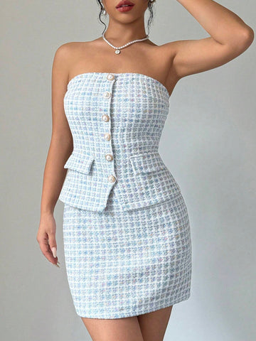 Elegant Women Plaid Button Decor Cropped Camisole Dress