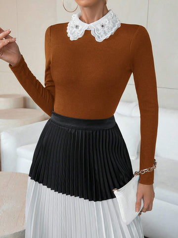 Elegant Women's Contrast Color Embroidery And Crystal Decor Collar Bodysuit, Autumn