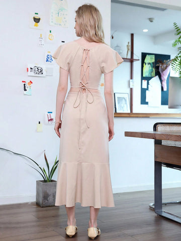 Elegant Women's Summer Two Piece Set Featuring Cap Sleeve Cut-Out Top With Criss-Cross Straps And Ruffled Hem With Floral Midi Skirt