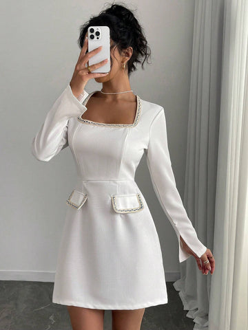 Elegant & Fashionable Women Patchwork Ribbon Decor Square Neck Long Sleeve Dress