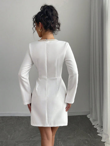 Elegant & Fashionable Women Patchwork Ribbon Decor Square Neck Long Sleeve Dress