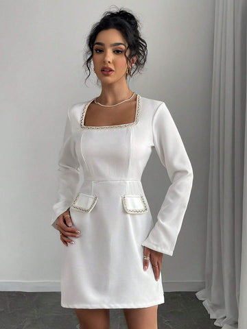 Elegant & Fashionable Women Patchwork Ribbon Decor Square Neck Long Sleeve Dress