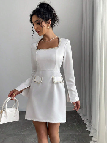 Elegant & Fashionable Women Patchwork Ribbon Decor Square Neck Long Sleeve Dress