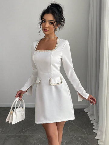 Elegant & Fashionable Women Patchwork Ribbon Decor Square Neck Long Sleeve Dress