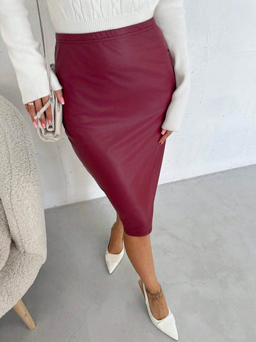 Privé Elegant & Fashionable Women Sexy Party PU Zipper Split Skirt, Minimalist Style A-Line Half-Length Skirt, Autumn/Winter
