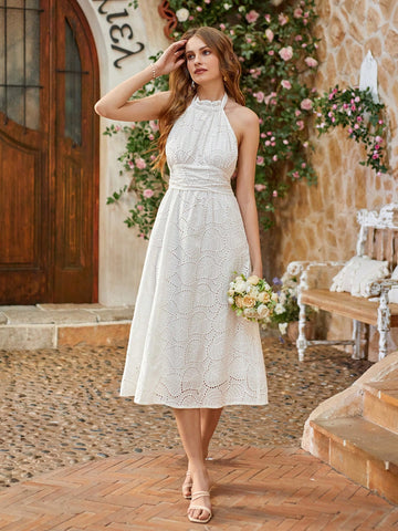 Embroidered Halterneck Tie Waist Dress For Women