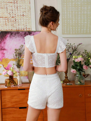 Embroidered Lotus Leaf Shoulder Women's Two-Piece