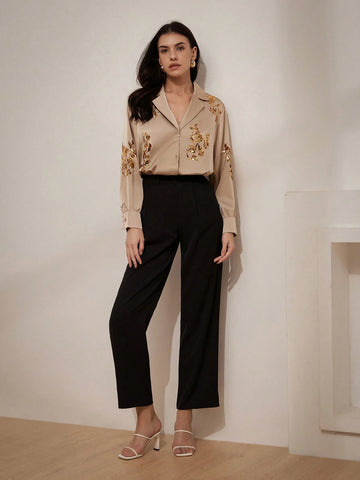 Privé Embroidered Sequin Satin Collar Women's Dress Shirt With Long Sleeves