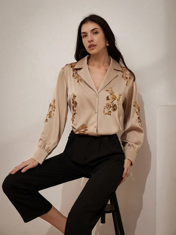 Privé Embroidered Sequin Satin Collar Women's Dress Shirt With Long Sleeves