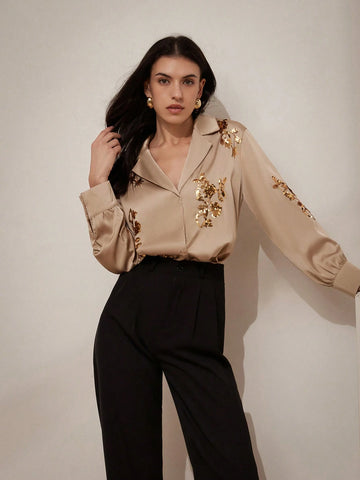 Privé Embroidered Sequin Satin Collar Women's Dress Shirt With Long Sleeves