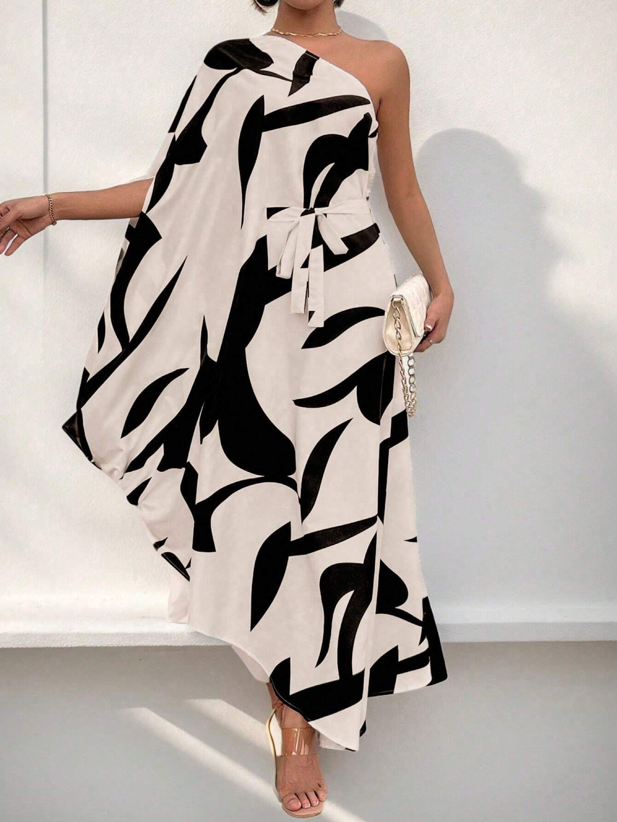 Fashionable Asymmetric Collar Cape Sleeve Floor-Length Dress With Color-Blocking And Print Pattern For Summer