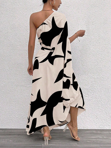 Fashionable Asymmetric Collar Cape Sleeve Floor-Length Dress With Color-Blocking And Print Pattern For Summer